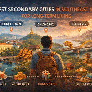 A digital nomad man with a backpack looking at a varied landscape of multiple of Best Secondary Cities in Southeast Asia,