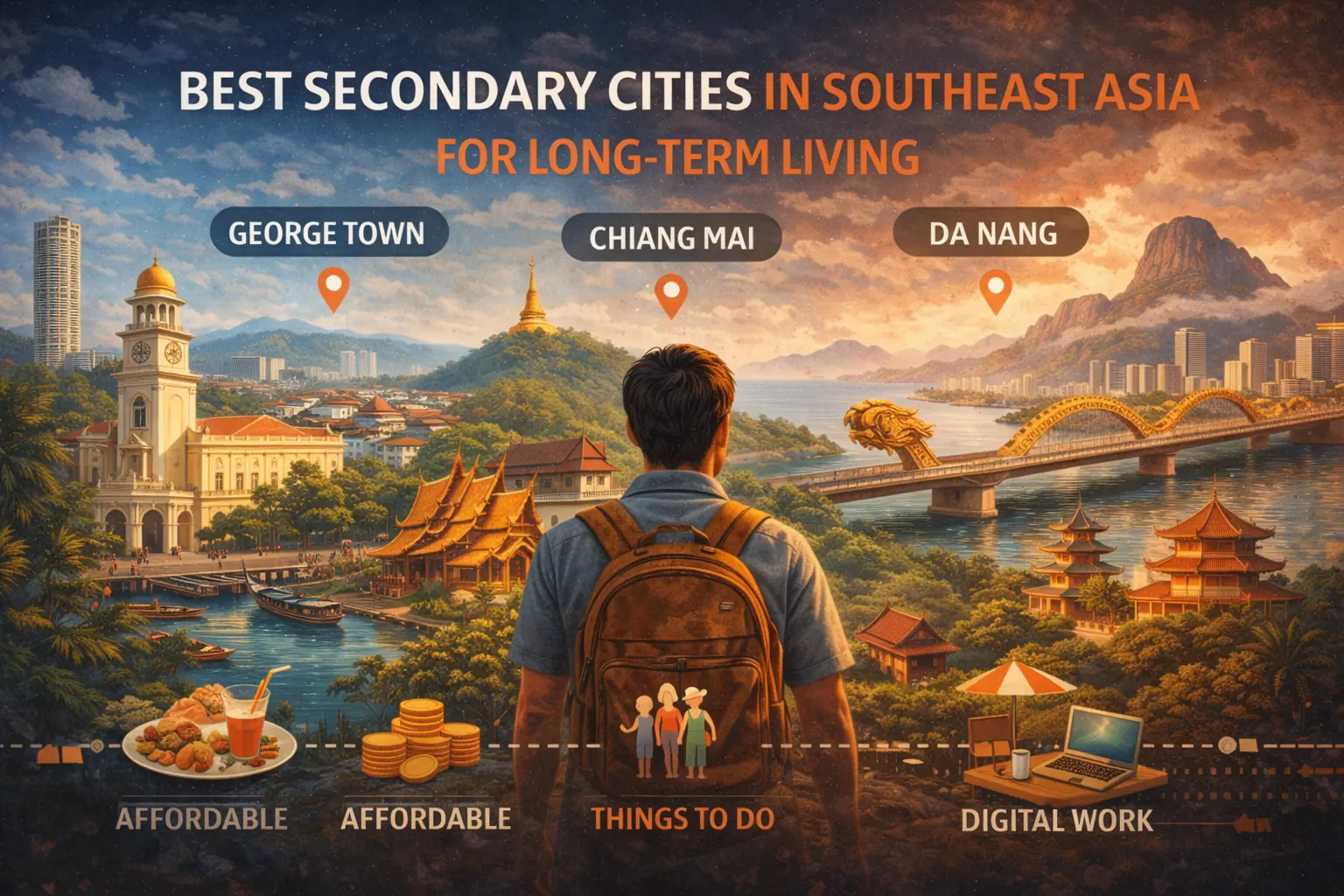 A digital nomad man with a backpack looking at a varied landscape of multiple of Best Secondary Cities in Southeast Asia,